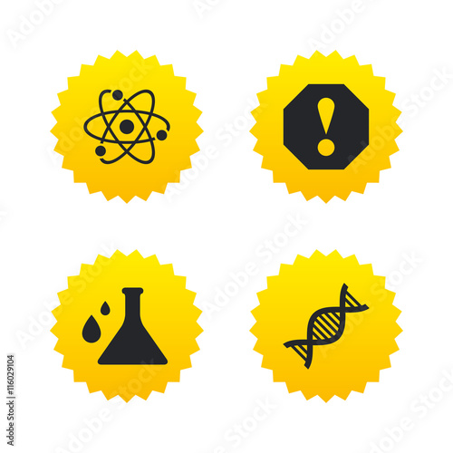 Attention and DNA icons. Chemistry flask.