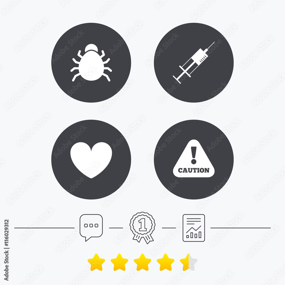 Bug and vaccine signs. Heart, spray can icons