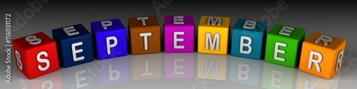 3d rendering of september word in clourful cubes
