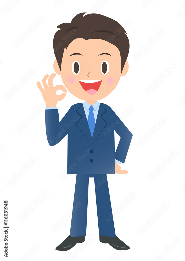OKサインのビジネスマン、男性会社員のイラスト素材、三頭身