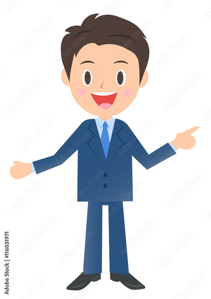 説明するビジネスマン、男性会社員のイラスト素材、三頭身