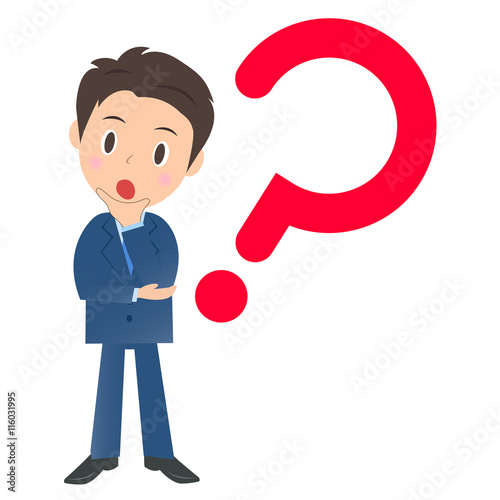はてなマークのビジネスマン、男性会社員のイラスト素材、三頭身