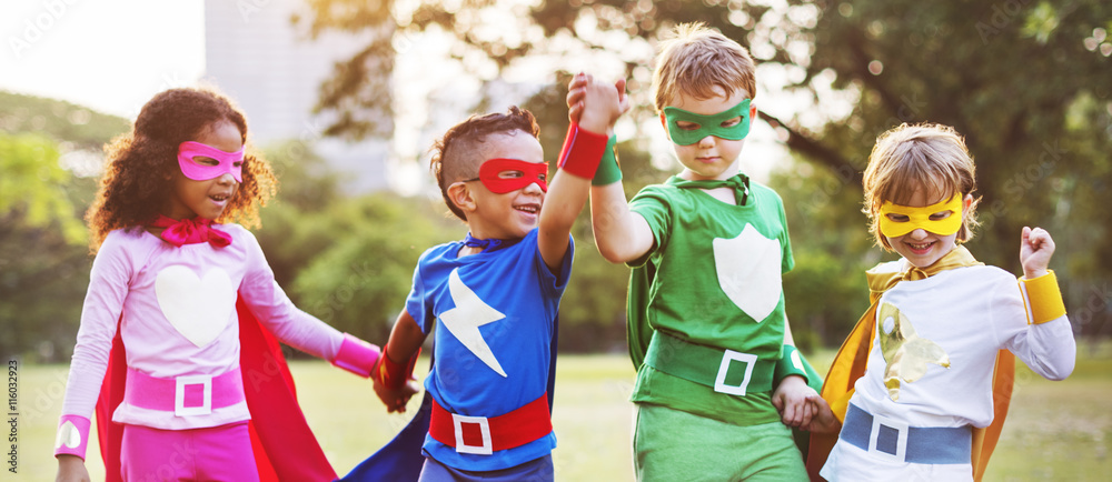 Superheroes Kids Friends Playing Togetherness Fun Concept - obrazy, fototapety, plakaty 