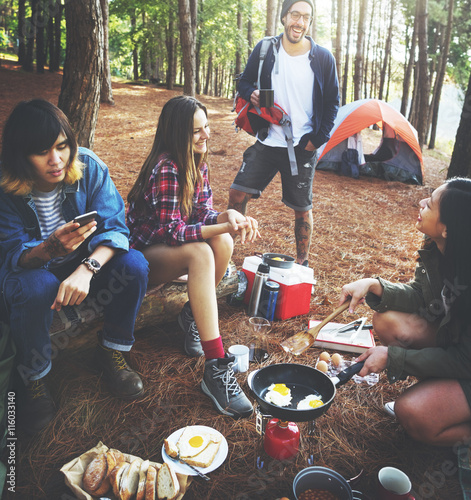 Friends Camping Cooking Breakfast Concept photo