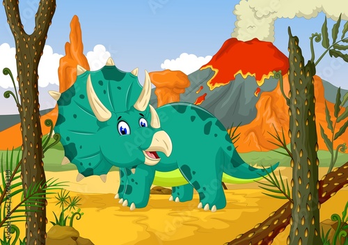 funny Triceratops cartoon  with forest landscape background