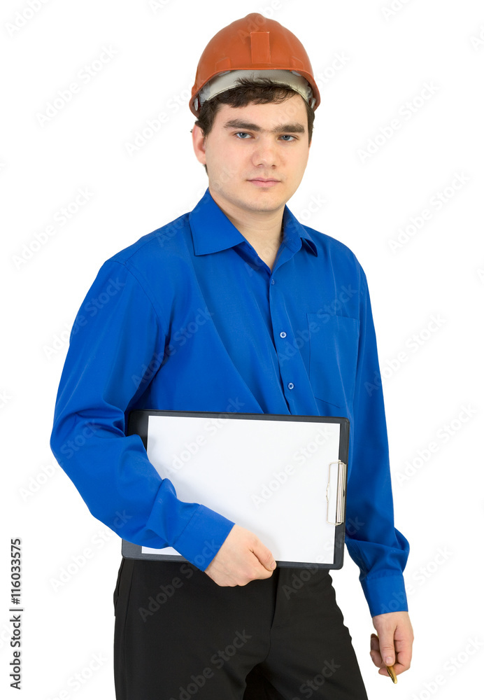 Young man in a helmet with a tablet Young man in a helmet with a tablet