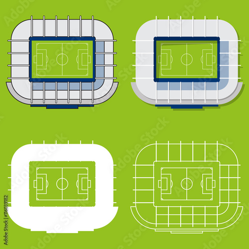 Set of football stadiums or soccer arena. Football venue icons in flat design. Football stadium top view. Vector Illustration. 