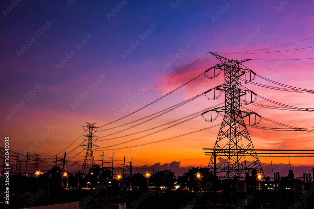 High Voltage Substation and Equipment ,sunset