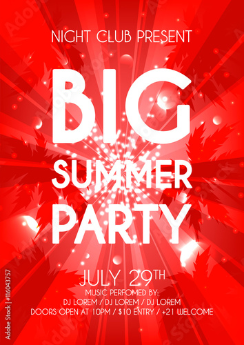 Summer party flyer. Red invitation with lights palm trees. Vector illustration.