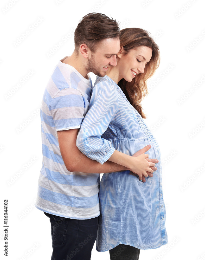Happy family expecting baby isolated on white Happy family expecting baby isolated on white