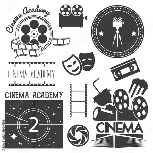 Vector set of cinema logo, labels. Movie studio and theater badges, emblems, signs. Illustration in vintage retro style.