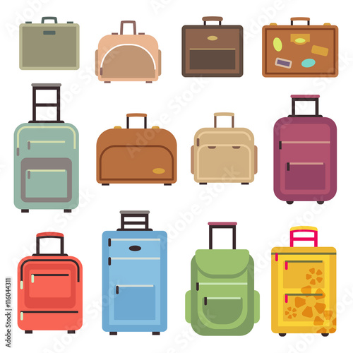 Travel luggage and set of travel bag, suitcase vector flat icons illustration