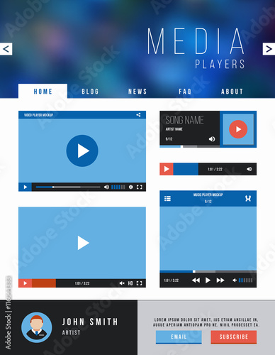 Vector browser web site page with video player ui interface and navigation. Template website with video player, illustration web page and player interface for video