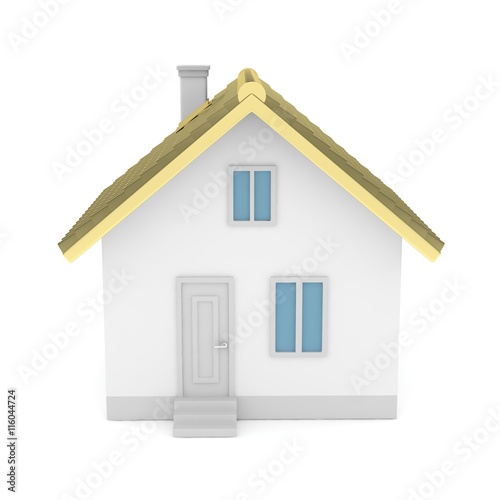White simple house with golden roof on white background. Concept of investment in real estate and symbol of wealth, business and safety. New family house. 3D rendering.