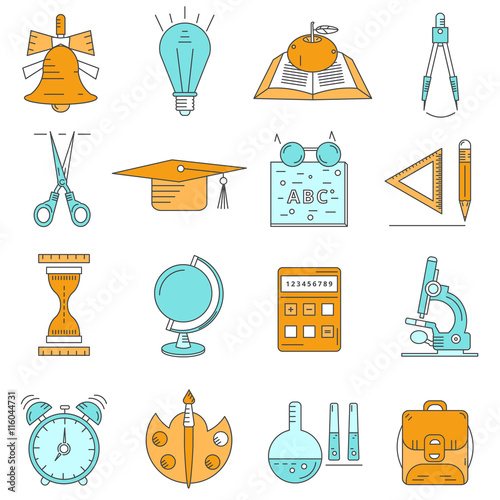 set of linear icons about school and education of blue and orang
