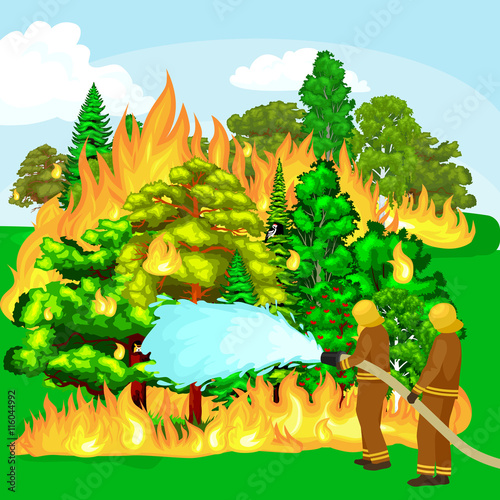 Firefighters in protective clothing and helmet with helicopter extinguish with water from hoses dangerous wildfire.Man fighter and rescue helicopter put out the fire in forest landscape damage vector