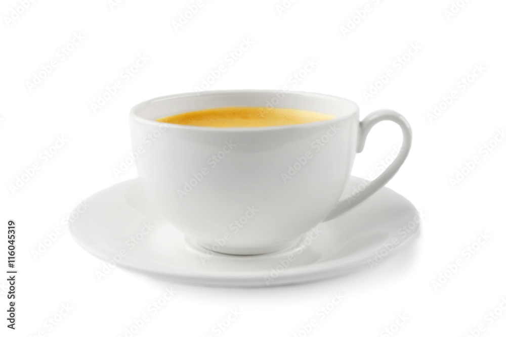 White cup of coffee and saucer on white background White cup of coffee and saucer on white background