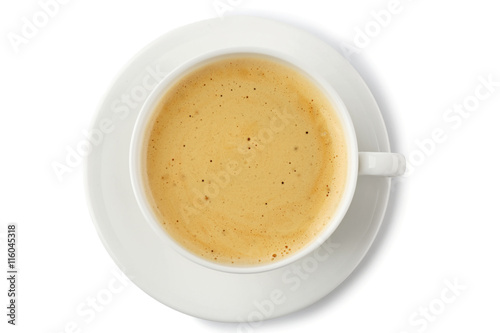 White cup of coffee and saucer on white background