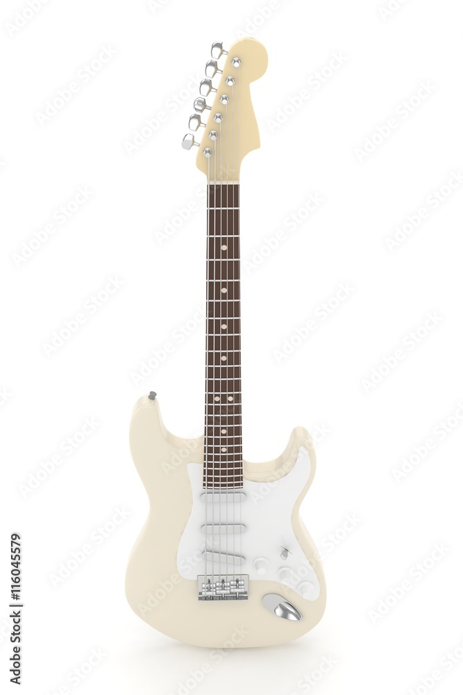 Isolated beige electric guitar on white background.  Musical instrument for rock, blues, metal songs. 3D rendering.