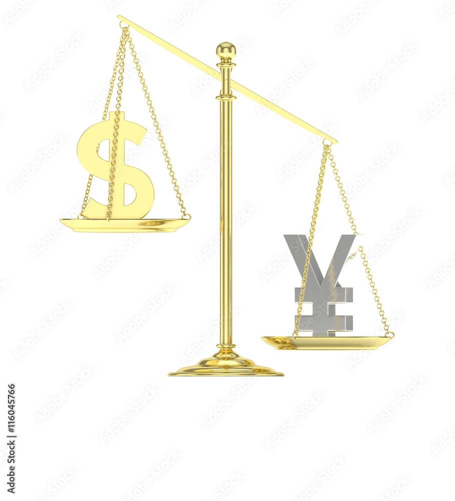 Isolated old fashioned pan scale with dollar and yuan,yen on white background. American and chinese and japanese currency. Yuan is heavier. Silver yuan, golden usd. 3D rendering. Isolated old fashioned pan scale with dollar and yuan,yen on white background. American and chinese and japanese currency. Yuan is heavier. Silver yuan, golden usd. 3D rendering.