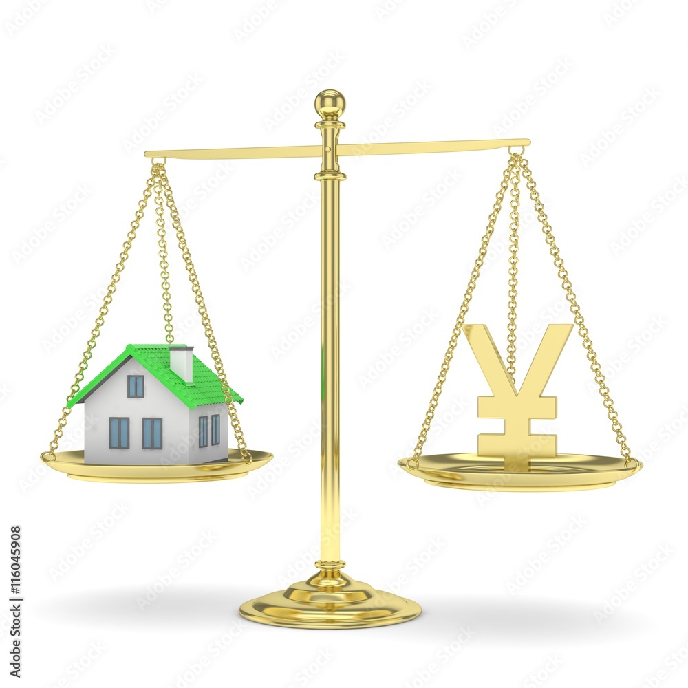 Isolated golden scales with golden yuan and house on white background. Investment or savings concept. Real estate and currency. 3D rendering. Isolated golden scales with golden yuan and house on white background. Investment or savings concept. Real estate and currency. 3D rendering.