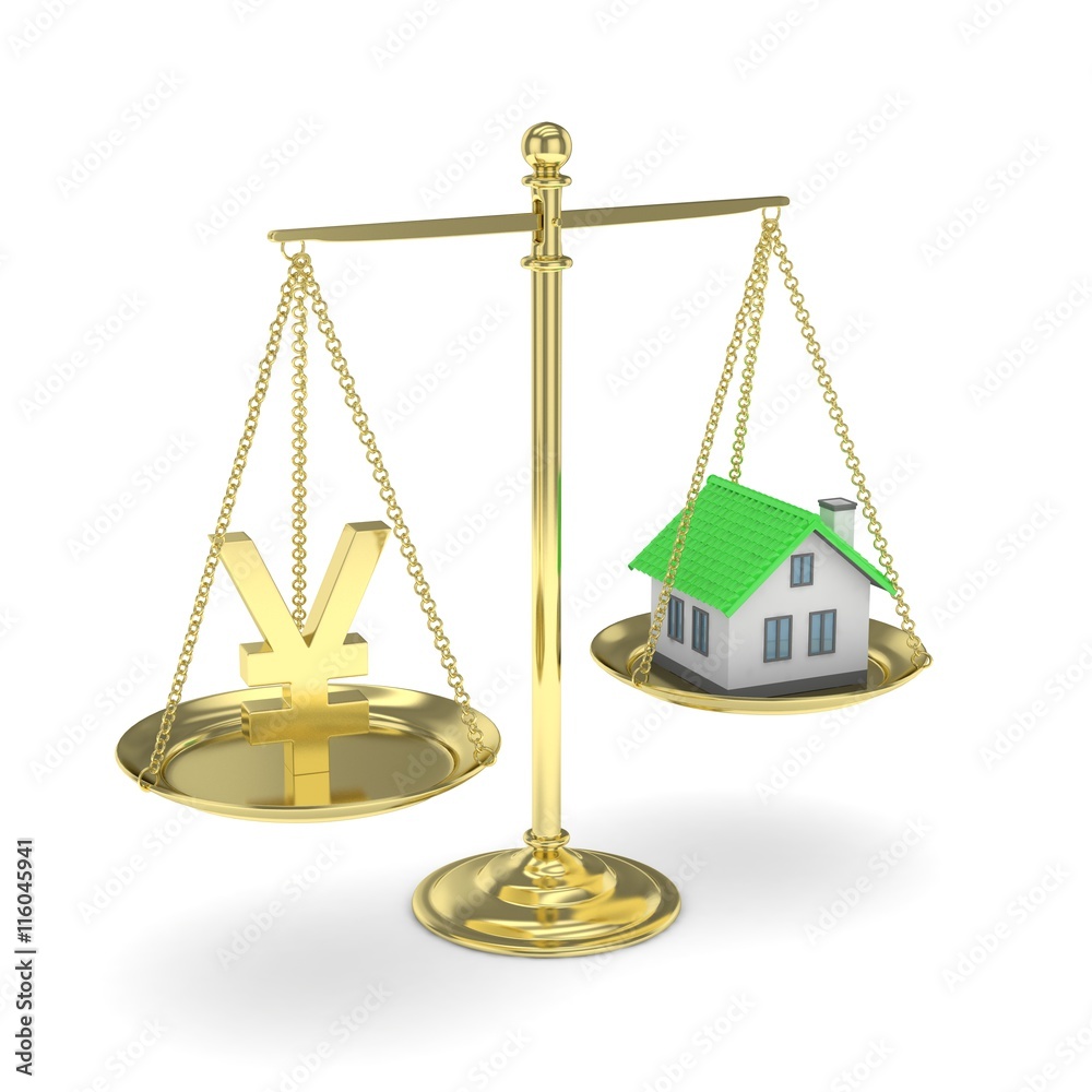Isolated golden scales with golden yuan and house on white background. Investment or savings concept. Real estate and currency. 3D rendering. Isolated golden scales with golden yuan and house on white background. Investment or savings concept. Real estate and currency. 3D rendering.
