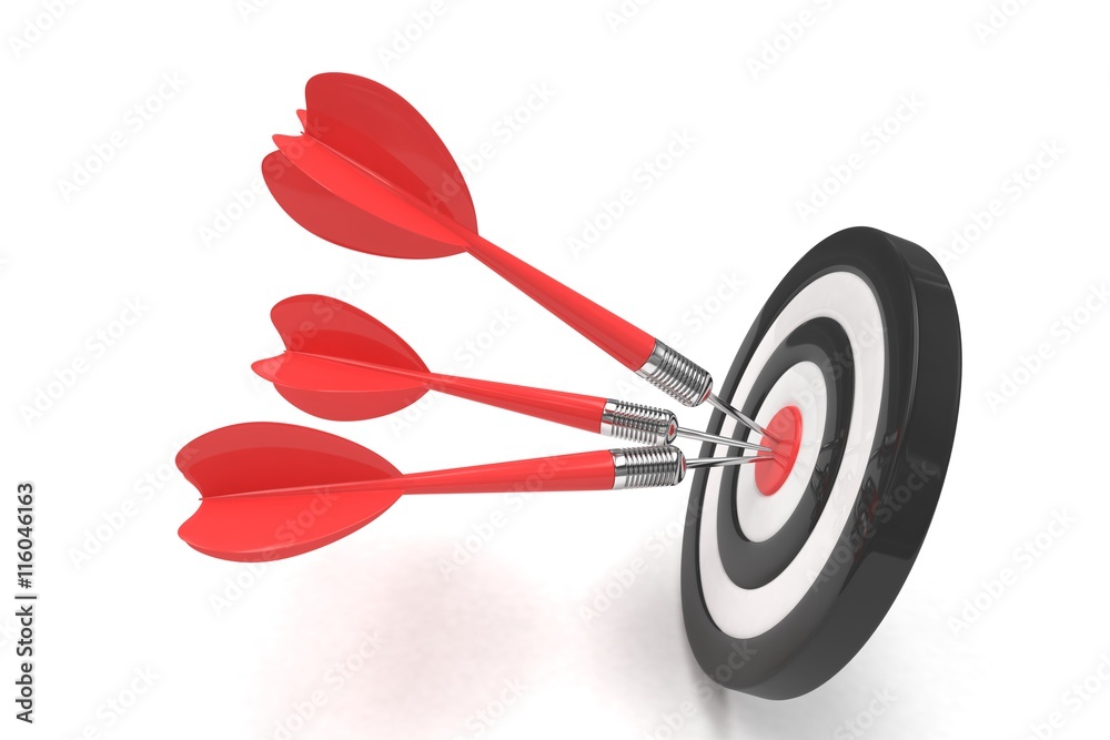 Three arrows darts in center. 3d rendering. Three arrows darts in center. 3d rendering.