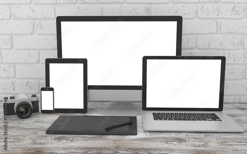 Responsive mockup screen. Monitor, laptop, tablet, phone on table in office. 3d rendering. Responsive mockup screen. Monitor, laptop, tablet, phone on table in office. 3d rendering.