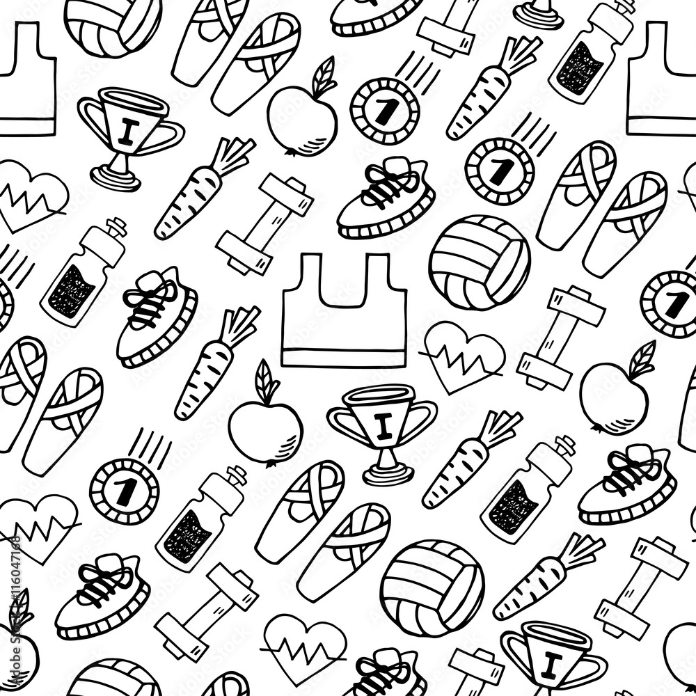 Fitness hand drawn white and black vector seamless pattern. Fitness hand drawn white and black vector seamless pattern.