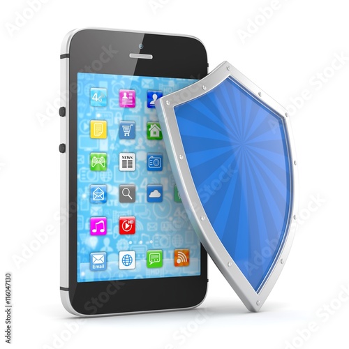 Smartphone and shield on white, security concept. 3d rendering.