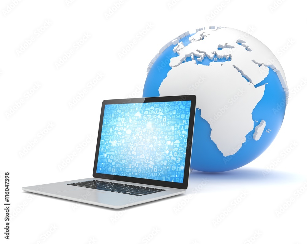 Laptop network and earth globe. 3d render