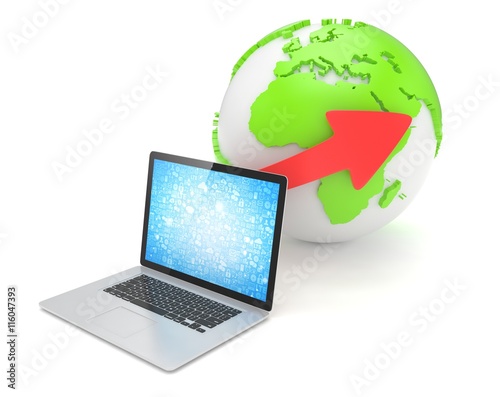 Laptop network and earth globe. 3d render