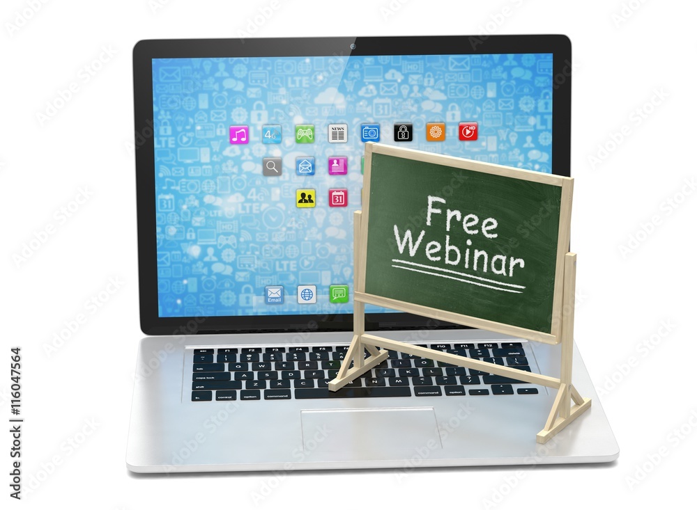 Laptop with chalkboard, free webinar, online education concept. 3d rendering. Laptop with chalkboard, free webinar, online education concept. 3d rendering.