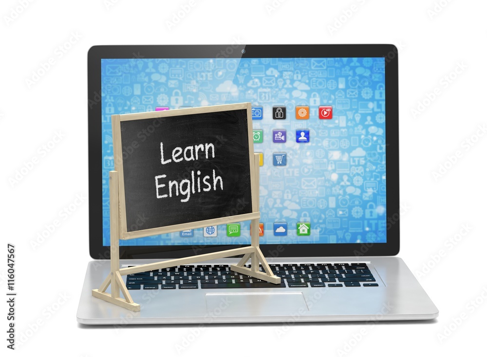 Laptop with chalkboard, learn english, online education concept. 3d rendering. Laptop with chalkboard, learn english, online education concept. 3d rendering.
