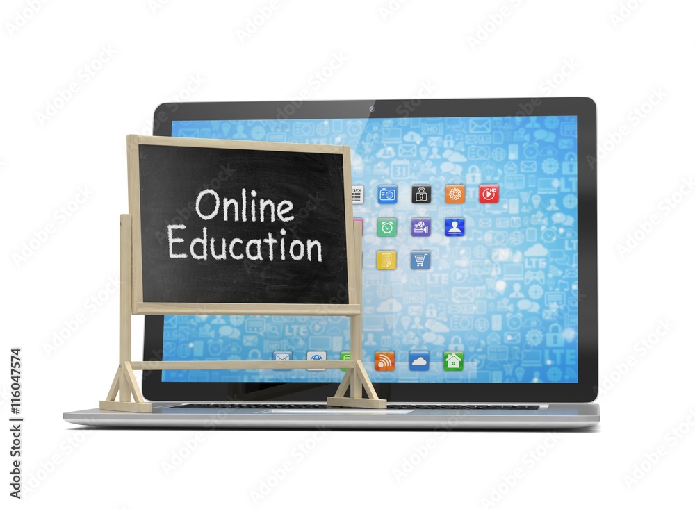 Laptop with chalkboard, online education concept. 3d rendering. Laptop with chalkboard, online education concept. 3d rendering.