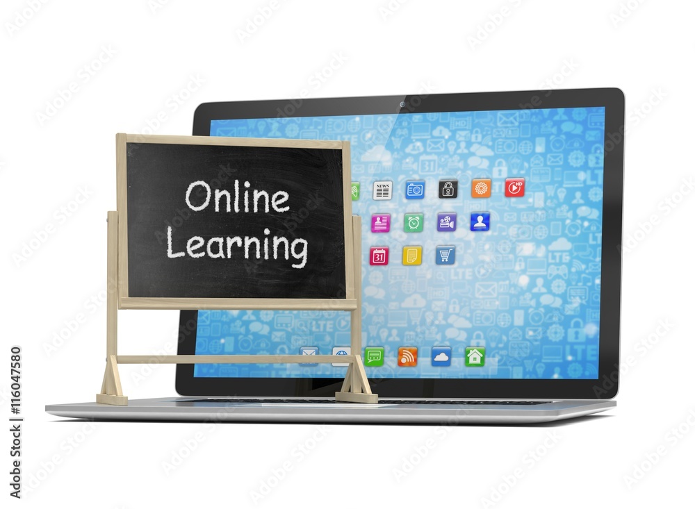 Laptop with chalkboard, online education concept. 3d rendering. Laptop with chalkboard, online education concept. 3d rendering.