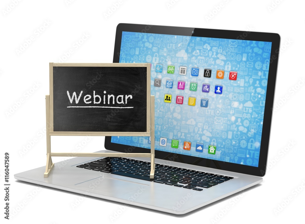 Laptop with chalkboard, webinar, online education concept. 3d rendering.
