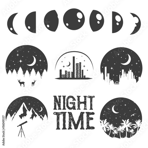 Night time concept labels and emblems in monochrome vintage style.