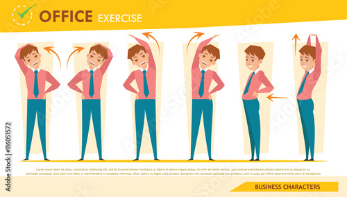 man office syndrome infographic and stretching exercise set 2
