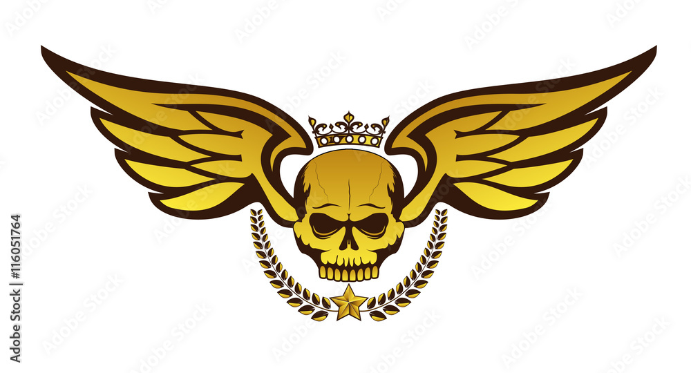 Vector golden tattoo or logo with crowned skull, wings, laurel wreath. Isolated on white background. Royal design for air force, biker or MMA fighter print.