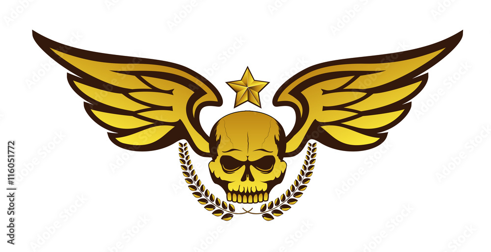Vector golden tattoo or logo with skull, wings, laurel wreath and star.  Isolated on white background. Design for air force, biker or MMA fighter  print. Stock Vector | Adobe Stock