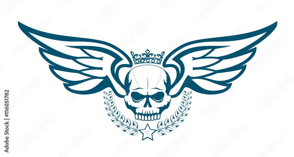 Vector monochrome tattoo or logo with crowned skull, wings, laurel wreath. Isolated on white background. Royal design for air force, biker or MMA fighter print.