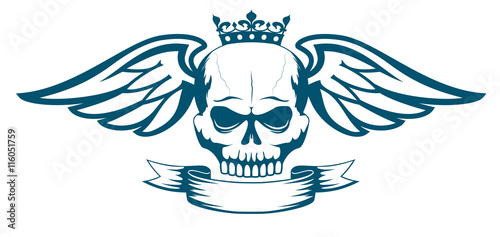 Vector monochrome tattoo or logo with skull, wings, crown and ribbon. Isolated on white background. Design for air force, biker or MMA fighter print.