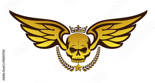Vector golden tattoo or logo with crowned skull, wings, laurel wreath. Isolated on white background. Royal design for air force, biker or MMA fighter print.