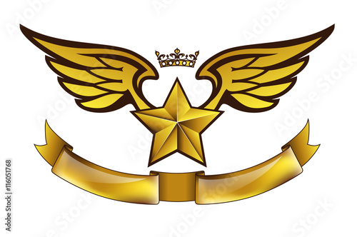Vector golden tattoo or logo with star, wings, crown and ribbon. Isolated on white background. Design for air force, biker or army print.