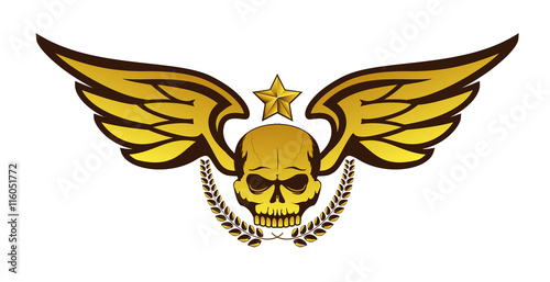 Vector golden tattoo or logo with skull, wings, laurel wreath and star. Isolated on white background. Design for air force, biker or MMA fighter print.