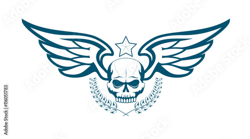 Vector monochrome tattoo or logo with skull, wings, laurel wreath and star. Isolated on white background. Design for air force, biker or MMA fighter print.
