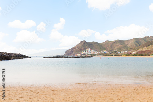 view of Santa Cruz beach Las Teresitas with palms at sunny summer day, Tenerife island, Canaries Spain