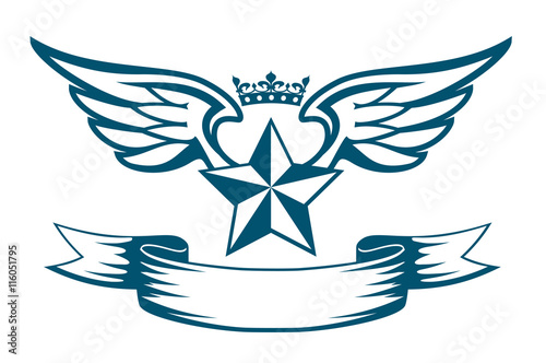 Vector monochrome tattoo or logo with star  wings  crown and ribbon. Isolated on white background. Design for air force  biker or army print.