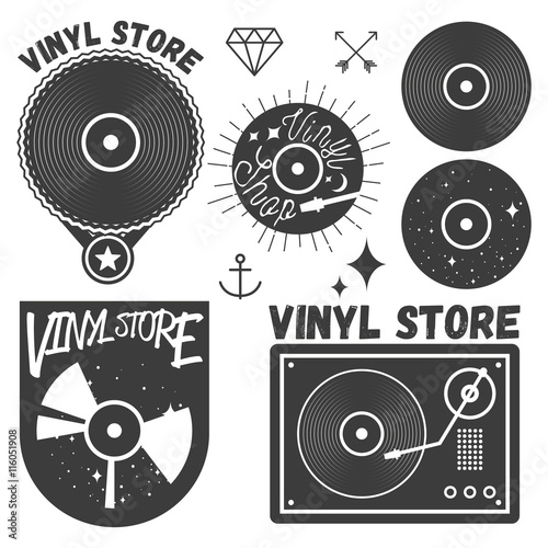Vector set of vinyl disc and player. Music records store logotypes, design elements.
